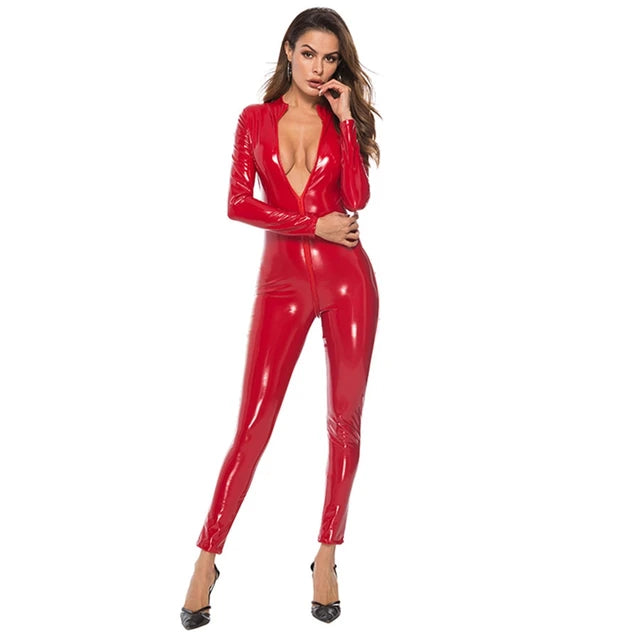 GhallasGoth women's leather bodysuit in glossy red with long sleeves and deep V neckline